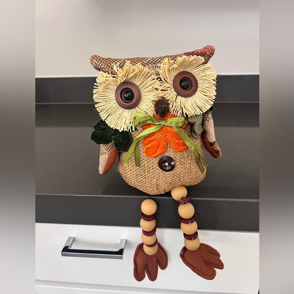 Vintage Country OWL Shelfโ Sitter Weighted Plush Tweed Rustic Button Eyes